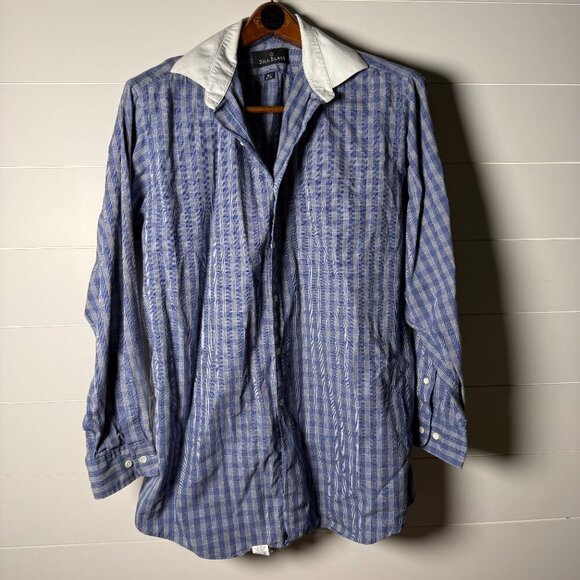 Bill Blass Button Down White Collared Dress Shirt, Blue White Plaid, 16.5x32-33 - Picture 1 of 6